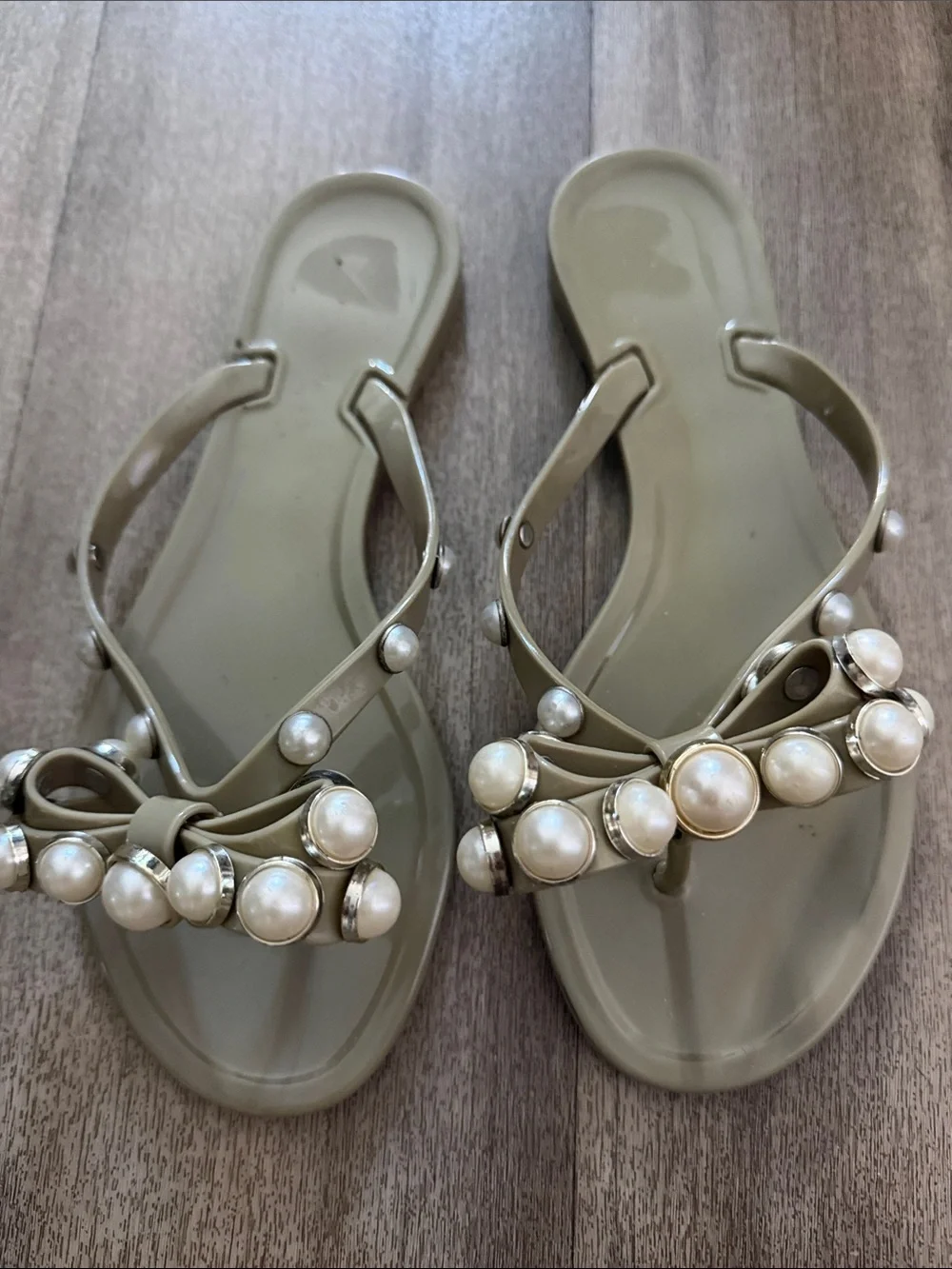 Jelly Flip Flops Sandals with Faux Pearls Bow Design size 36
